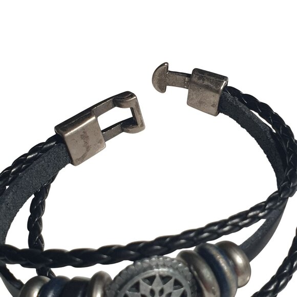 Braided Black Leather Bracelet Silver Wheel Charm Clasp Adjustable Jewelry Men - Picture 2 of 5